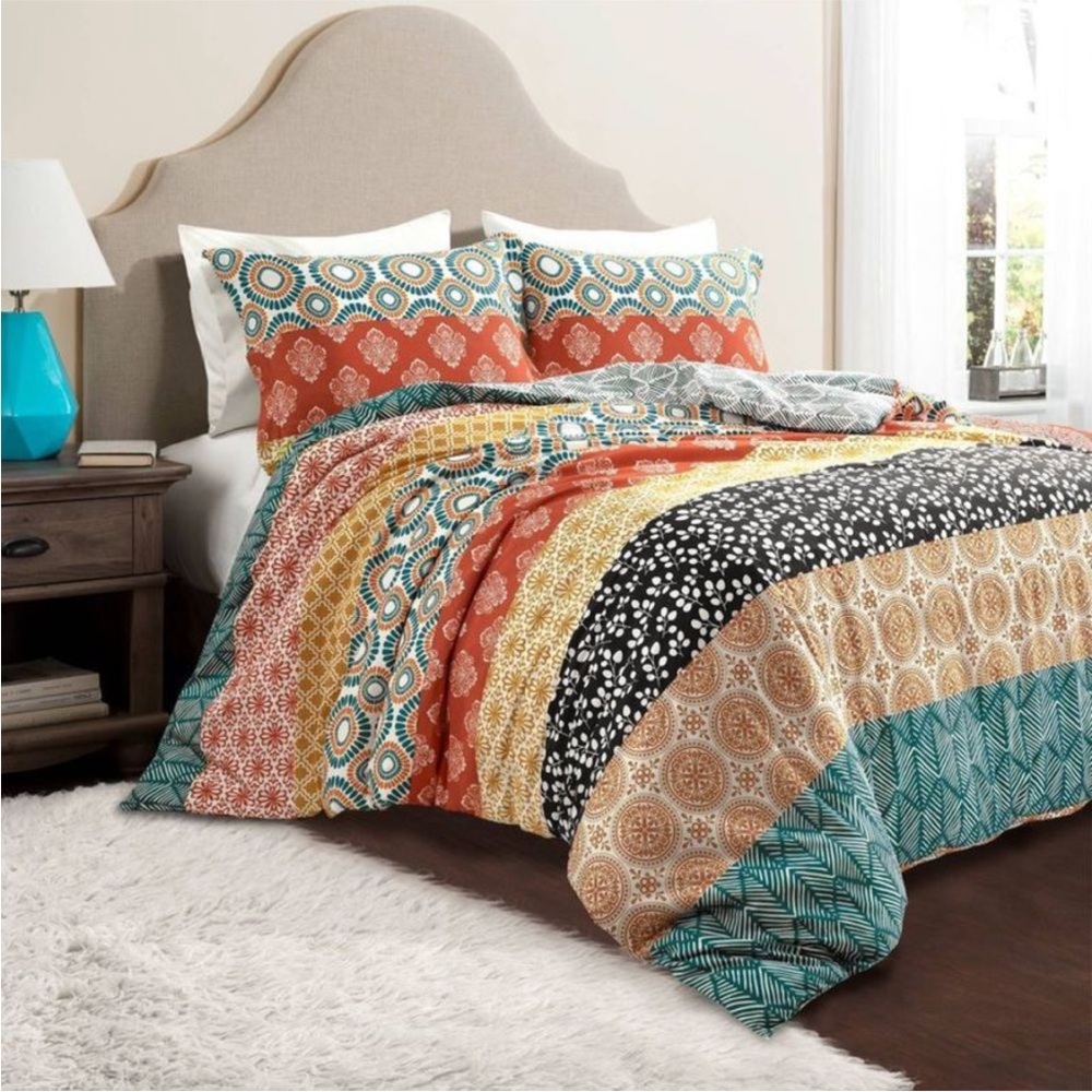 3pc King Bohemian Stripe Cotton Duvet Cover Set Turquoise/Orange 100%cotton
